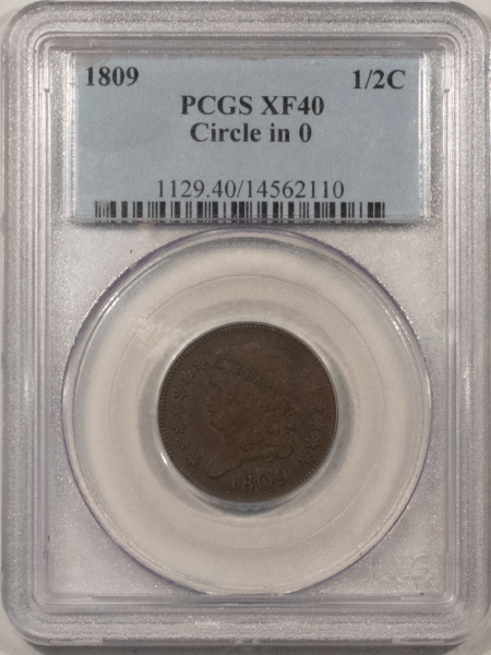 Classic Head Half Cents 1809 CLASSIC HEAD HALF CENT, CIRCLE IN 0 – PCGS XF-40, NICE ORIGINAL, TOUGH COIN