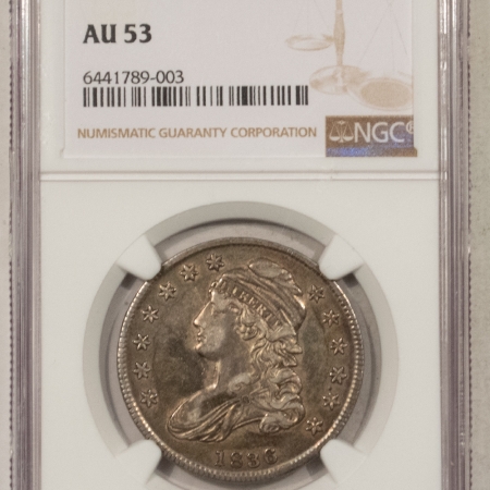 Early Halves 1836 CAPPED BUST HALF DOLLAR, LETTERED EDGE – NGC AU-53, PRETTY COLOR!