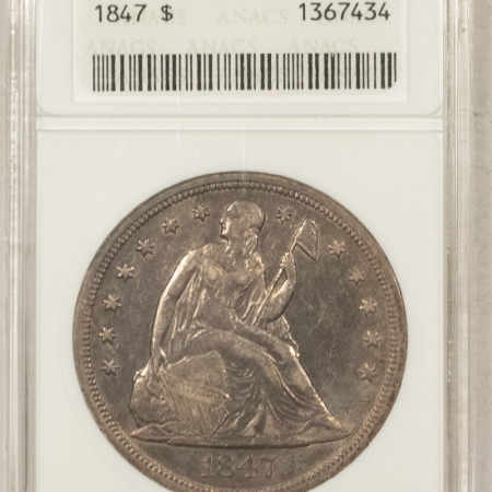 Liberty Seated Dollars 1847 SEATED LIBERTY DOLLAR – ANACS AU-50, OLD WHITE HOLDER!