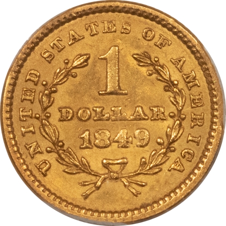 New Store Items 1849 $1 GOLD DOLLAR, CLOSED WREATH – PCGS MS-62, NICE ORIGINAL FIRST YEAR TYPE!