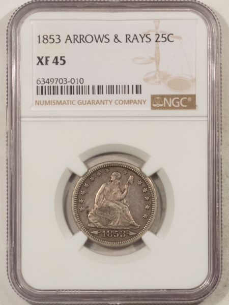 New Store Items 1853 SEATED LIBERTY QUARTER, ARROWS & RAYS – NGC XF-45, PQ, PERFECT ORIGINAL!