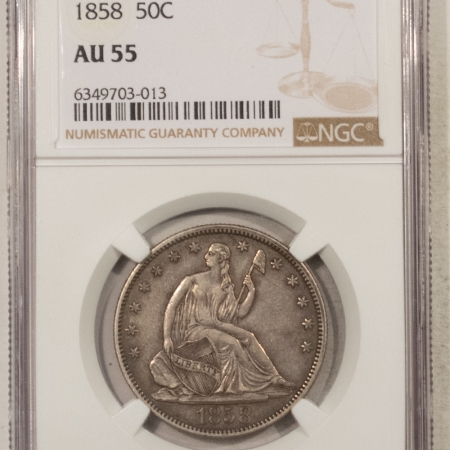 U.S. Certified Coins 1858 SEATED LIBERTY HALF DOLLAR – NGC AU-55, NICE ORIGINAL