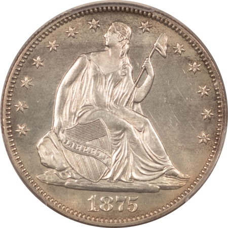 Liberty Seated Halves 1875 SEATED LIBERTY HALF DOLLAR – PCGS MS-64, OFF WHITE, WELL STRUCK, MARK FREE!
