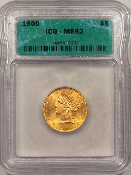 $5 1900 $5 LIBERTY GOLD HALF EAGLE – ICG MS-62, FLASHY