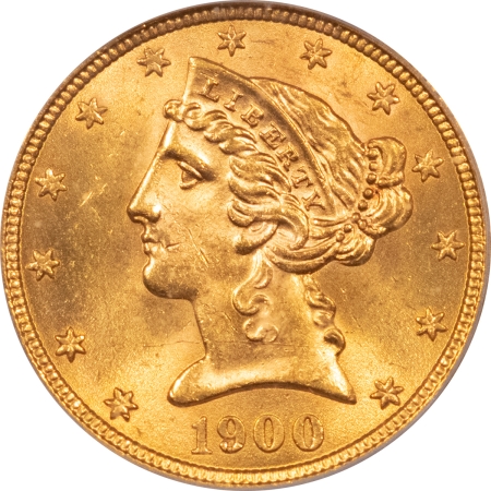 $5 1900 $5 LIBERTY GOLD HALF EAGLE – ICG MS-62, FLASHY