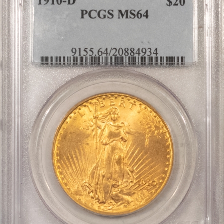 $20 1910-D $20 ST GAUDENS GOLD – PCGS MS-64, LUSTROUS & NEAR GEM
