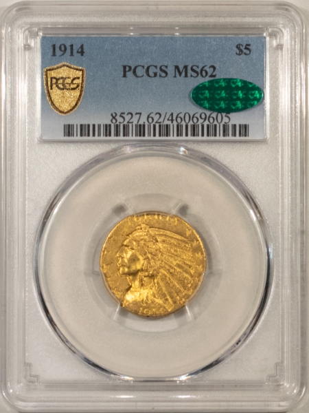 $5 1914 $5 INDIAN HEAD GOLD – PCGS MS-62, FRESH, PREMIUM QUALITY & CAC APPROVED!