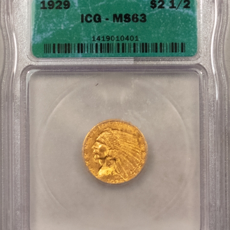 $2.50 1929 $2.50 INDIAN HEAD GOLD – ICG MS-63, FLASHY!