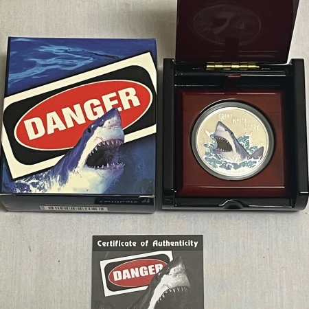 New Store Items 2007 TUVALU $1 COLORIZED GREAT WHITE SHARK KM-62 SILVER GEM PROOF W/OGP & COA