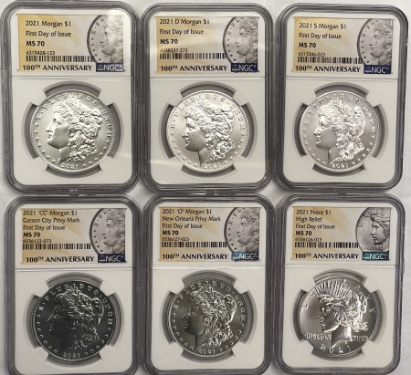 New Store Items 2021-P/D/S/O/CC MORGAN & PEACE DOLLAR 6 COIN 100TH SET NGC MS-70 FIRST DAY ISSUE