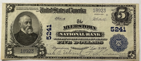 Large National Currency 1902 $5 PB NATIONAL BANK NOTE, MYERSTOWN NB, MYERSTOWN, PA CHTR #5241 NICE VF/XF