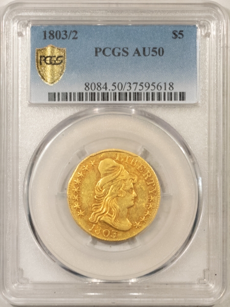 $5 1803/2 $5 DRAPED BUST GOLD HALF EAGLE – PCGS AU-50, ORIGINAL DEEP ORANGE, NICE!