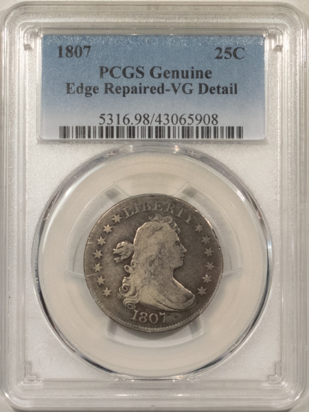 New Store Items 1807 DRAPED BUST QUARTER PCGS GENUINE EDGE REPAIRED – VG DETAIL, FACES UP NICELY