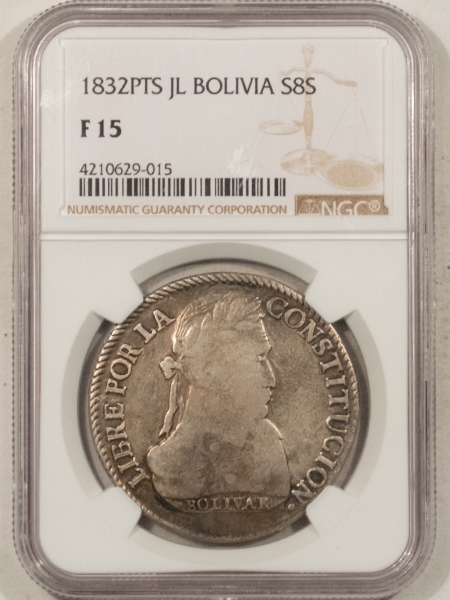 New Certified Coins 1832 PTS JL BOLIVIA SILVER 8 SOLES, KM-97 – NGC F-15