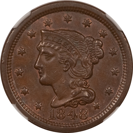 Braided Hair Large Cents 1848 BRADED HAIR LARGE CENT – NGC MS-61 BN, PQ, LOOKS CHOICE!