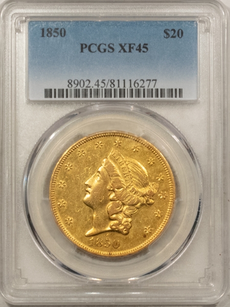$20 1850 $20 LIBERTY GOLD DOUBLE EAGLE, TY1 – PCGS XF-45, PLEASING, FIRST YEAR ISSUE