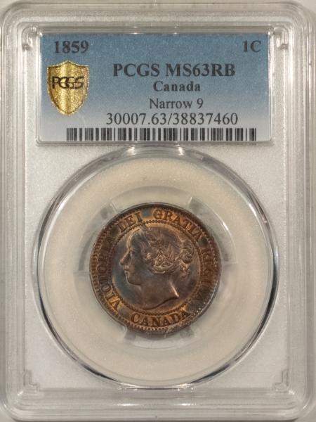 New Store Items 1859 CANADA LARGE CENT, NARROW 9, KM-1 – PCGS MS-63 RB, GORGEOUS FIRST YEAR COIN