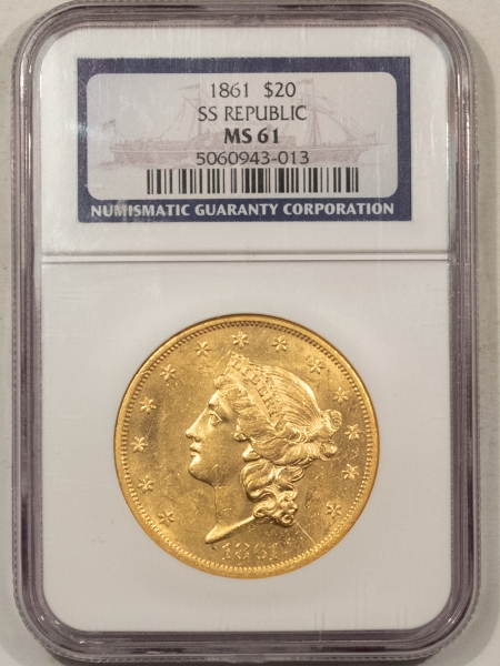 $20 1861 TYPE 1 $20 LIBERTY GOLD – SS REPUBLIC HOLDER, NGC MS-61 LUSTROUS & PRETTY!