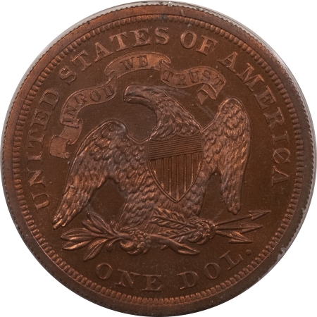 New Store Items 1863 MOTTO SEATED DOLLAR J-346, TRANSITIONAL PATTERN, PCGS PR-65 RB CAC, RATTLER