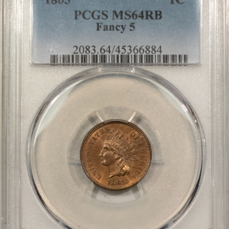 New Store Items 1865 INDIAN CENT, FANCY 5, PCGS MS-64 RB, VERY LUSTROUS & CLOSE TO GEM!
