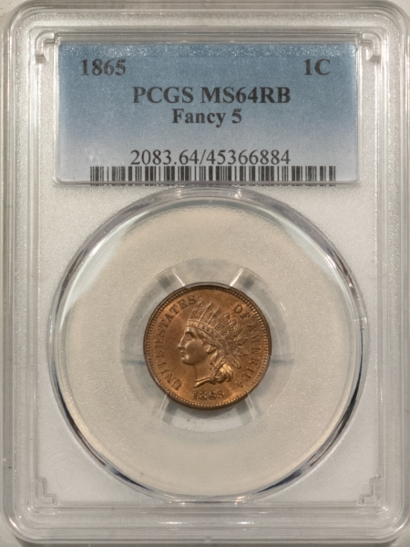 Indian 1865 INDIAN CENT, FANCY 5, PCGS MS-64 RB, VERY LUSTROUS & CLOSE TO GEM!