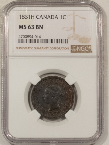 New Certified Coins 1881-H CANADA LARGE CENT, KM-7 – NGC MS-63 BN, TOUGH DATE!