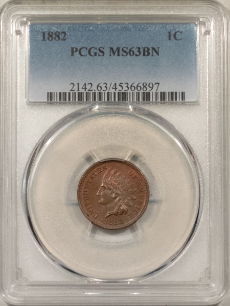 Indian 1882 INDIAN 1c, PCGS MS-63 BN, LOVELY SURFACES W/ RED POKING THROUGH