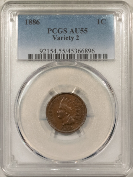 Indian 1886 INDIAN 1c, VARIETY 2, PCGS AU-55, GLOSSY NEAR UNCIRCULATED EXAMPLE & PQ!