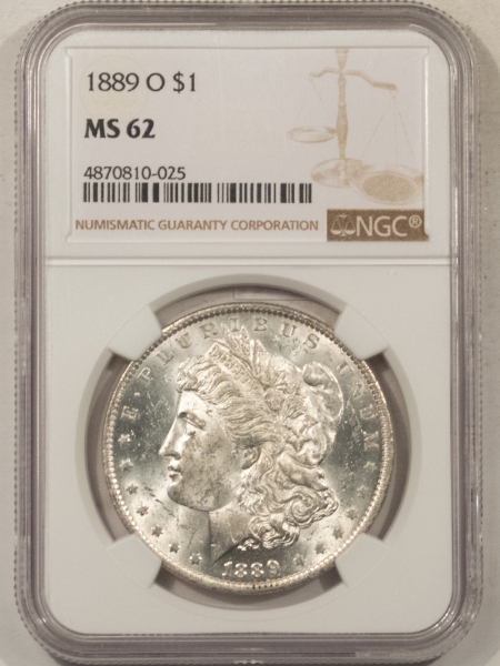 Dollars 1889-O MORGAN DOLLAR, NGC MS-62, ORIGINAL WHITE & WITH LIVELY LUSTER!