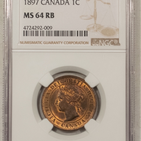 New Certified Coins 1897 CANADA LARGE CENT, KM-7 – NGC MS-64 RB, TOUGH DATE W/ LOTS OF RED, NEAR GEM