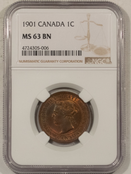 New Certified Coins 1901 CANADA LARGE CENT, KM-7 – NGC MS-63 BN, PRETTY!