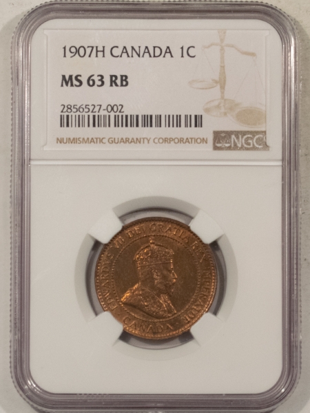 New Certified Coins 1907-H CANADA LARGE CENT, KM-8 – NGC MS-63 RB, TOUGH DATE, LOTS OF RED!