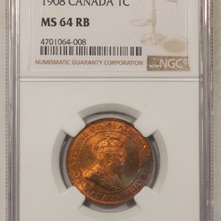 New Certified Coins 1908 CANADA LARGE CENT, KM-8 – NGC MS-64 RB