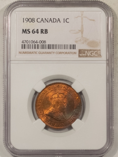 New Certified Coins 1908 CANADA LARGE CENT, KM-8 – NGC MS-64 RB
