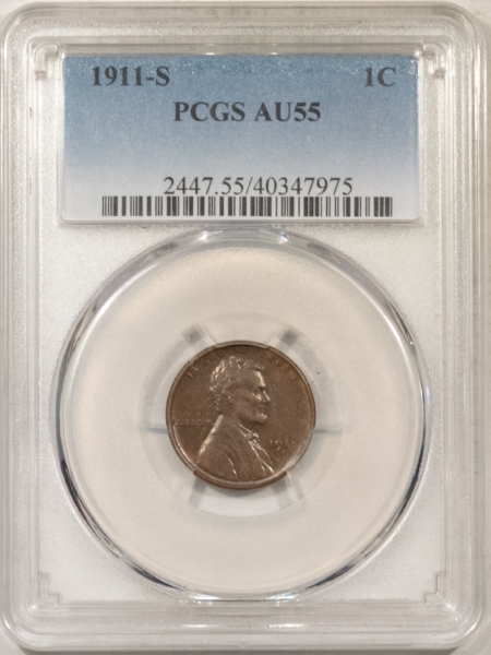 Lincoln Cents (Wheat) 1911-S LINCOLN CENT, PCGS AU-55; LOVELY GLOSSY-BROWN SURFACES; PQ!