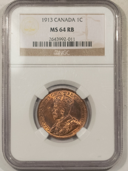 New Certified Coins 1913 CANADA LARGE CENT, KM-21 – NGC MS-64 RB