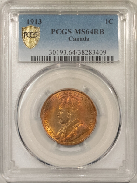 New Certified Coins 1913 CANADA LARGE CENT, KM-21 – PCGS MS-64 RB, REALLY PRETTY COLOR!