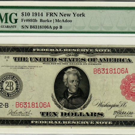 U.S. Currency 1914 $10 FEDERAL RESERVE NOTE RED SEAL, 2-B, FR #893b, PMG CH EF-45 GREAT COLOR!
