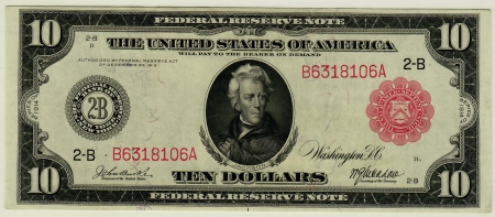 Large Federal Reserve Notes 1914 $10 FEDERAL RESERVE NOTE RED SEAL, 2-B, FR #893b, PMG CH EF-45 GREAT COLOR!
