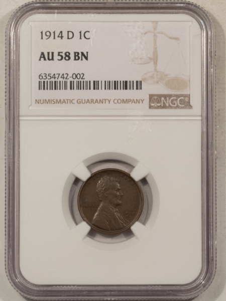 Lincoln Cents (Wheat) KEY 1914-D LINCOLN CENT, NGC AU-58; LOVELY GLOSSY-BROWN SURFACES; PQ!