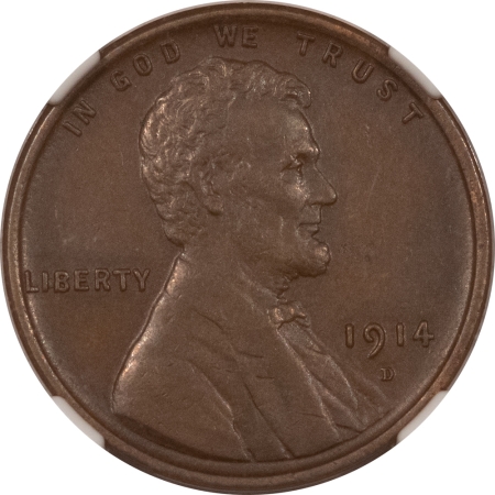 Lincoln Cents (Wheat) KEY 1914-D LINCOLN CENT, NGC AU-58; LOVELY GLOSSY-BROWN SURFACES; PQ!