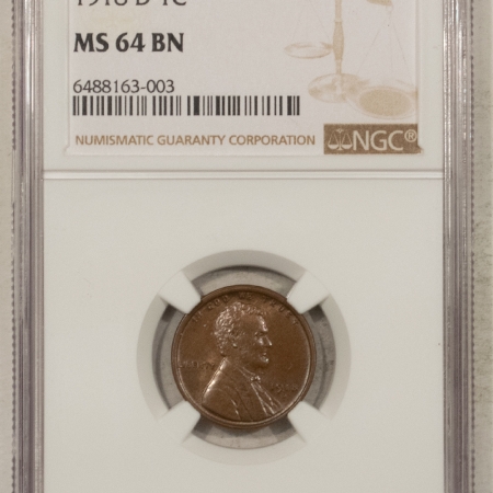 Lincoln Cents (Wheat) 1918-D LINCOLN CENT – NGC MS-64 BN, LOOKS GEM! PQ!