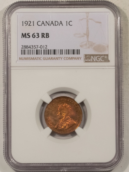 New Certified Coins 1921 CANADA SMALL CENT, KM-28 – NGC MS-63 RB, PRETTY & LUSTROUS!