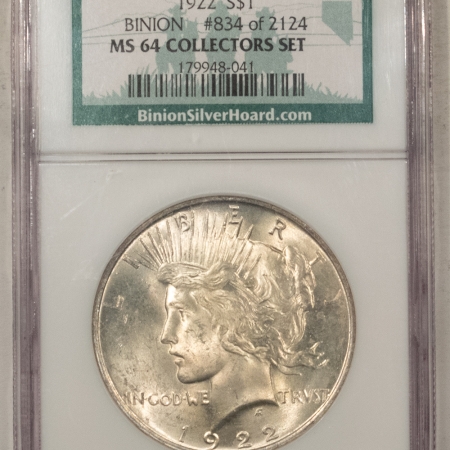 Dollars 1922 PEACE DOLLAR, NGC MS-64 “BINION”-FRESH FROM A COLLECTION OF BINION $1s