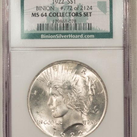 Dollars 1922 PEACE DOLLAR, NGC MS-64 “BINION”-FRESH FROM A COLLECTION OF BINION $1s
