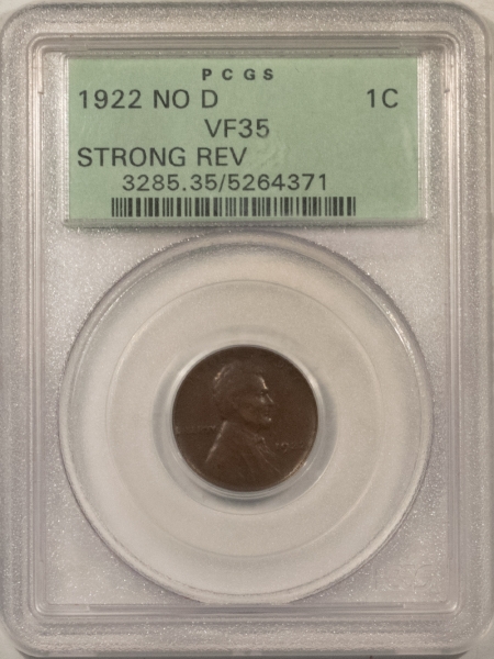 Lincoln Cents (Wheat) KEY 1922 NO D, STRONG REVERSE LINCOLN CENT, PCGS VF-35; PERFECT-BROWN, OGH & PQ!