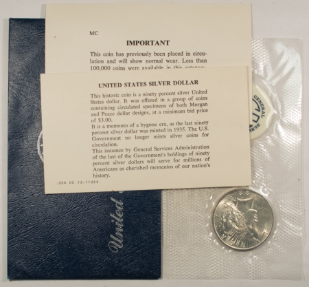 Dollars 1923 PEACE DOLLAR – BLUE GSA SOFT PACK W/ ENVELOPE & CARDS, NICE UNCIRCUALTED!