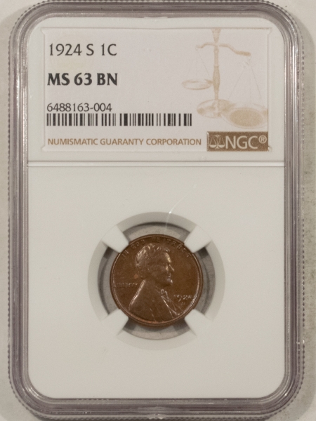 Lincoln Cents (Wheat) 1924-S LINCOLN CENT – NGC MS-63 BN, VERY ATTRACTIVE & PQ!