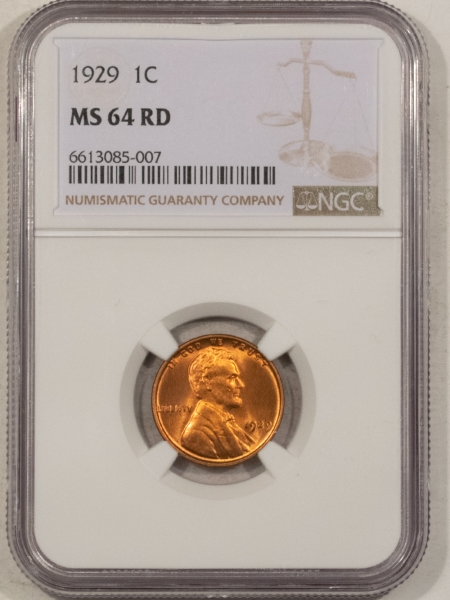 Lincoln Cents (Wheat) 1929 LINCOLN CENT – NGC MS-64 RD, BLAZING RED, LOOKS GEM!