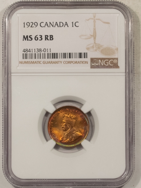 New Certified Coins 1929 CANADA SMALL CENT, KM-28 – NGC MS-63 RB, GORGEOUS COLOR!